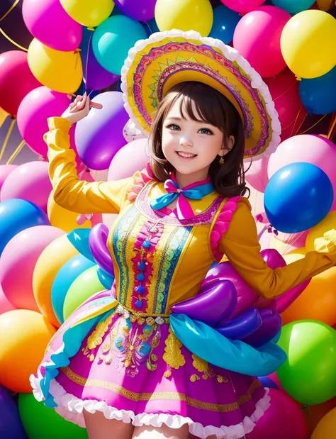 A girl holding colorful balloon animals, vibrant colors, joyful expression, soft lighting, intricate balloon shapes, childrens party, delightful atmosphere, realistic details, cute and lively scene, dynamic poses, balloon dog, balloon flower, balloon sword...