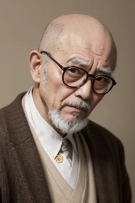 traditional japanese old man，((Portrait of one person))、busts、(Tsuguharu Fujita style)、without background，background sepia tone，View the book，Worn-out clothes，70 year old Chinese medicine doctor，Clever eyes，Wearing glasses、stylish glasses、Unshaven，Country ...