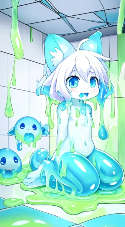 White cat kneels on the slime-covered floor of the room，Slime falls from the ceiling onto the cat&#39;heads，horrified expression，eBlue eyes！A bright room！！！slimes！