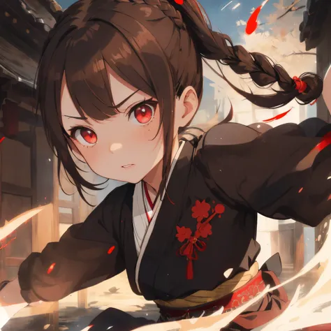 ((Brown hair)),((Braided shorthair)),((Red Eyes)),((Pigtails)),((With bangs)),((Samurai attire)),(Hakama),((black and white and gray)),(Blood droplets),((glaring face)),( Fluttering in the wind),((Japanese sword shining in the moonlight)),((Frontal perspec...