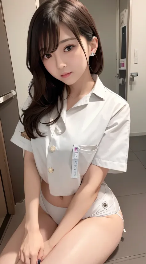 hightquality、​masterpiece、ultra res、a beauty girl、cute girl face、hospitals、Nurse、Wearing nurse clothes、full body Esbian、Famous actresses of Japan、Very beautiful face、Chest、A sexy、undergarment