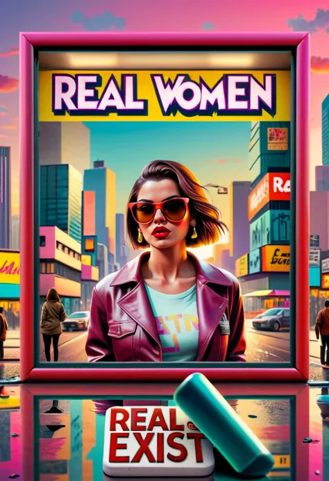 capsuled, pills, gta style txt that says, " real women exist ", gta faces inside a framed capsuled pills, framed, " real women e...