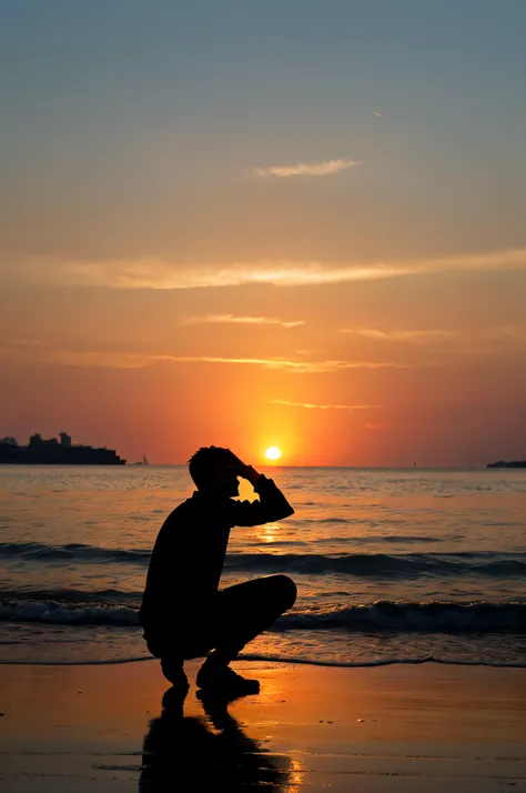 silhouette of a man at sunset kneeling crying with his head bowed