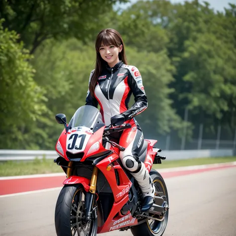 超A high resolution、An ultra-high picture quality、8K、Wonderful expression with attention to detail、1 person woman、Tall slender woman、A woman riding a Honda RC211V race motorcycle、Wear a racing suit、A big smile full of cuteness、Circuit scenery、