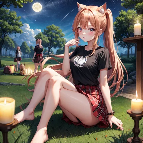 Red-blonde、poneyTail、verd s eyes、one good looking girl、独奏、animesque、lightly dressed、Plaid miniskirt、a black T-shirt、large tree、grass field、fullmoon、candle fire、Meteor swarm、starrysky、are flying、drak