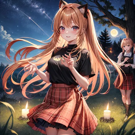 Red-blonde、poneyTail、verd s eyes、one good looking girl、独奏、animesque、lightly dressed、Plaid miniskirt、a black T-shirt、large tree、grass field、fullmoon、candle fire、Meteor swarm、starrysky、are flying、drak