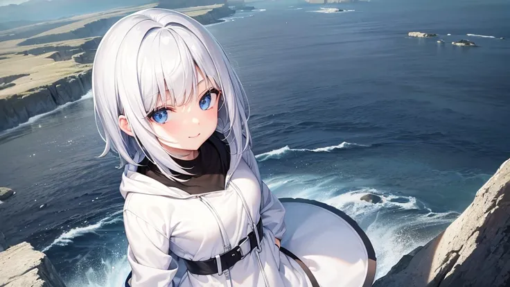 Ultra-high image quality,Look at viewers, hands behind back, girl with, 20 years old, Very short hair, long bangs between eyes, pale blue eyes, Hoodie, Skirt , Extremely detailed,(​masterpiece、top-quality)、report、White hair、A smile、White skin as clear as s...