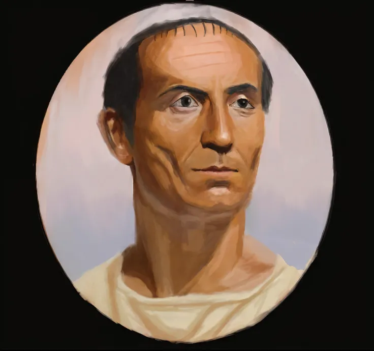 painting of a man with a white shirt and a brown hair, inspired by Pogus Caesar, julius caesar, inspired by Pietro Testa, inspired by Caesar van Everdingen, inspired by Caesar Andrade Faini, inspired by Augustus Dunbier, ancient rome man, inspired by Barto...
