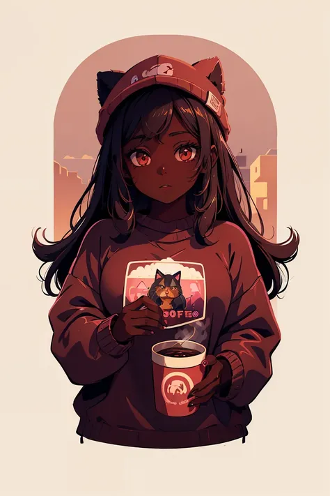 Dark skin pretty young woman in an oversized fuzzy fitted shirt, shy, holding a pink coffee “catty” labeled mug, insanely detailed, 4K, 2D illustration, red hat, clearly detailed eyes,  luminous brown eyes, muted pastels and vibrant brown and white, ray tr...