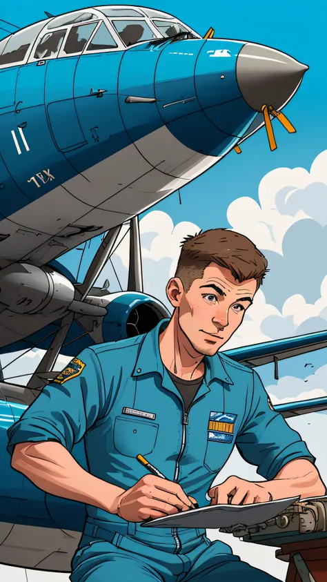 Aircraft maintenance site，repair airplane，Male maintenance worker in blue jumpsuit，utility vehicle，Boeing aircraft，Xiamen Airlines meticulously maintains aircraft，illustration of helga，Tin tin，Pen and ink comic style