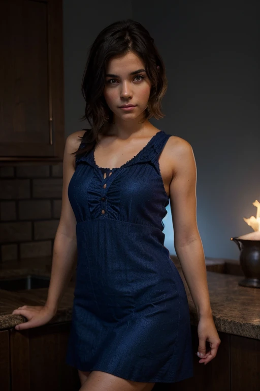 cute girl with short, dark hair, wearing a short, simple, sleeveless dark brown crudely woven sack dress, looking at the camera, her entire body bathed in blue flames