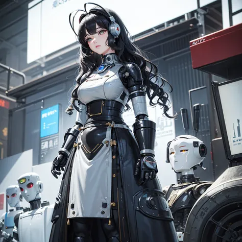 A woman who looks like a retro tin toy robot with silver metal parts from the neck down..、On display at Robot Expo、The model is a beautiful Japanese woman in her 50s..、Black hair wavy hair、robot ears with antenna、Glowing white eyes、deadpan、The background i...