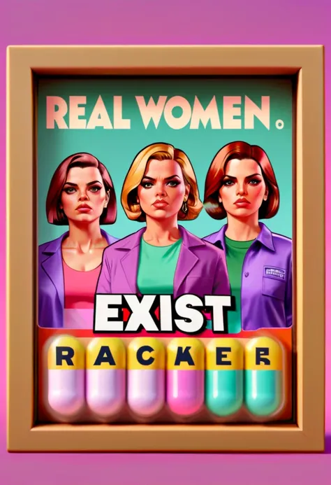 Capsuled, pillis, GTA characters style txt that says, " real women exist ", GTA characters faces inside a framed capsuled pills, framed, " real women exist " .