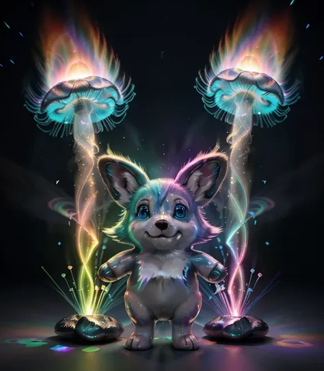 Welsh Corgi, holographic, smokey, Phantasmal iridescent, inner glow, light particle, Blue hair bioluminescent, holographic, corgi, made of pure light, monochrome teal, a glowing spectral, ghostly, glowing shapes, blue glow, light trails, ethereal, glowing ...