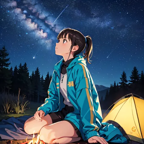 Solo, 1 girl, windbreaker, Short ponytail, campsite, girl sitting in front of the tent, Cute, Looking Up, Aerial view, bonfire, Midnight, Starry sky, shooting stars, Beautiful sky, octance, Realistic lighting and shadows , (Very delicate and beautiful art)...