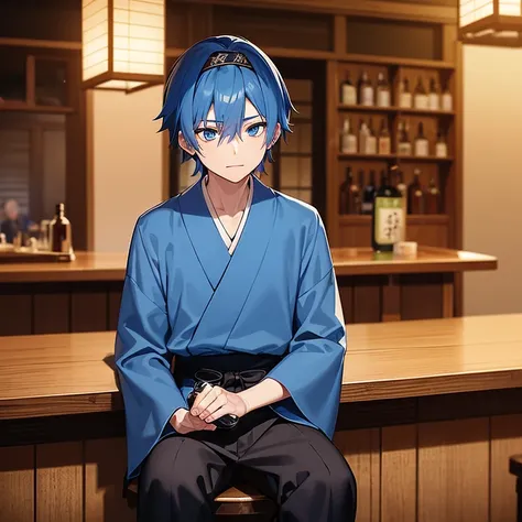 Teenage male samurai with blue hair and blue eyes wearing a black headband and dark blue long sleeve ancient Japanese shirt and dark blue pants sitting on barstool at a bar with an empty bottle of sake on a bar at an ancient Japanese tavern at night laughi...