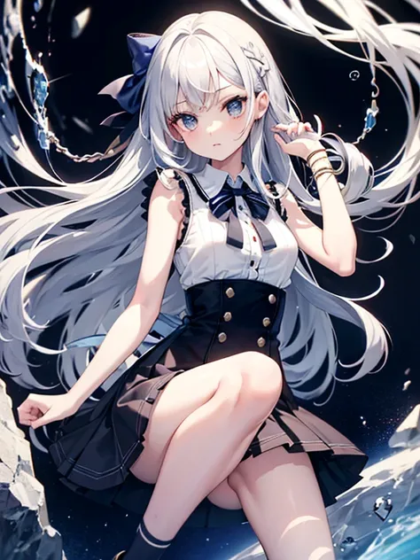 Portrait of a girl with long silver hair、Sleeveless, High collar white button front shirt、Navy cameo with gold trim、Large Ribbon Tie、Navy blue high waist flared miniskirt with bustier、White socks above the knee