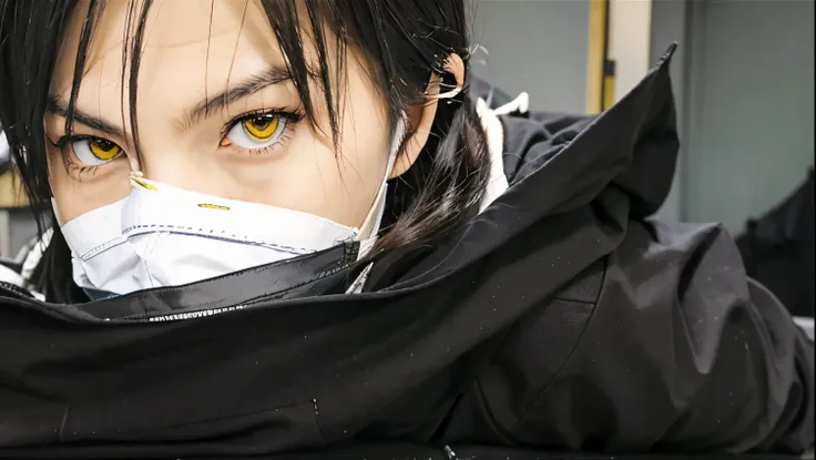 black clothes, black long hair boy, shinigami boy, mask in face, long hair boy, yellow eyes, shinigami eyes, shinigami cloak