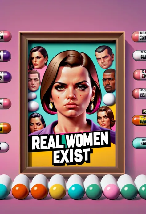 Capsuled, pillis, GTA characters style txt that says, " real women exist ", GTA characters faces inside a framed capsuled pills, framed, " real women exist " . (best quality,4k,8k,highres,masterpiece:1.2),ultra-detailed,(realistic,photorealistic,photo-real...