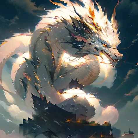 black asian dragon, in sky, looking forward, lightning in background