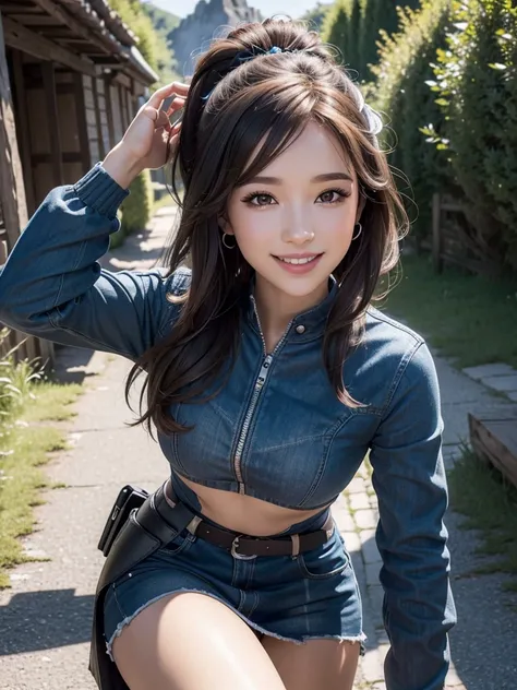 Photo ultra-réaliste du streamer Twitch Pokimane, yeux ultra realiste, 8k, très détaillé, (Grand sourire),  boucles d&#39;qualité des oreilles)),((détail élevé)), (Combinaison moto), (POV en haut), (photographie moyenne complète), Détails complexes, Post-p...