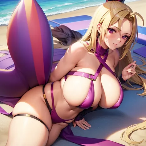 create Tsunade from the anime Naruto with a purple thong bikini extremely tight on her huge breasts without the top lying on the beach