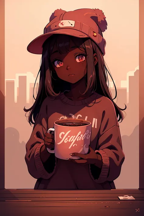 Dark skin pretty young woman in an oversized fuzzy fitted shirt, shy, holding a pink  “catty” labeled mug, insanely detailed, 4K, 2D illustration, red hat, clearly detailed eyes,  luminous brown eyes, muted pastels and vibrant brown and white, ray tracing