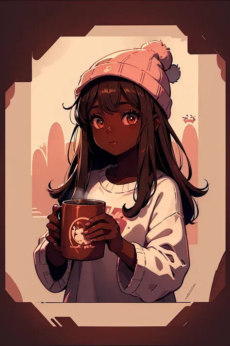 Dark skin pretty young woman in an oversized fuzzy fitted shirt, shy, holding a pink  “catty” labeled mug, insanely detailed, 4K, 2D illustration, red hat, clearly detailed eyes,  luminous brown eyes, muted pastels and vibrant brown and white, ray tracing