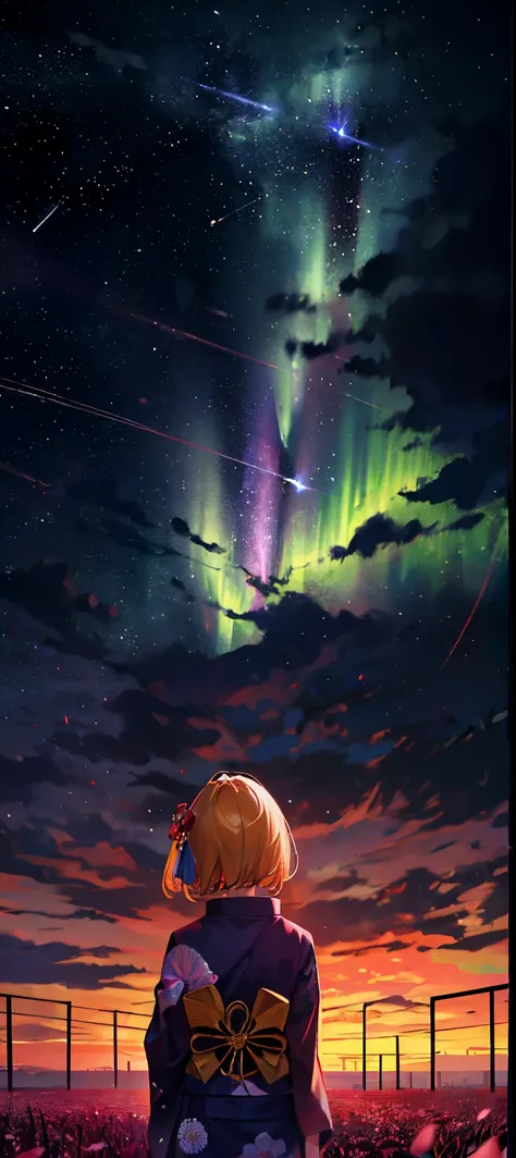 1girl, a distant girl kiss girl in a kimono gazing at the stars, (zoomed: 1.1), (meteor shower: 1.2), (comet: 1.1), your name, low angle, from behind, Northern Lights, meteors, yukata, red kimono, cherry blossoms, standing in the field, best quality, maste...