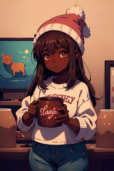 Dark skin pretty young woman in an oversized fuzzy fitted shirt, shy, holding a pink  “catty” labeled mug, insanely detailed, 4K, 2D illustration, red hat, clearly detailed eyes,  luminous brown eyes, muted pastels and vibrant brown and white, ray tracing