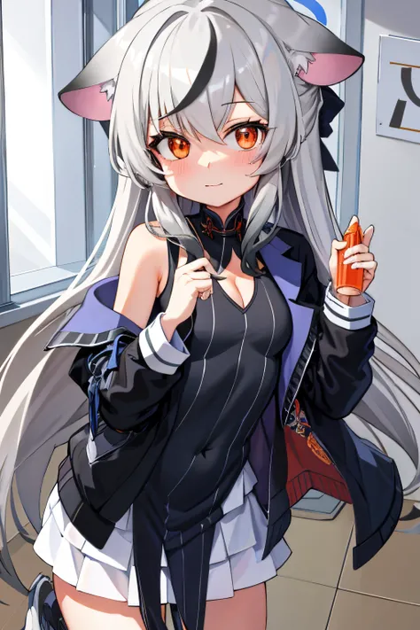 tmasterpiece， best qualtiy， ultra - detailed， 1girll，Gray hair Kokona， inside in room， orange eye， ：3，the face， closeup cleavage, at school