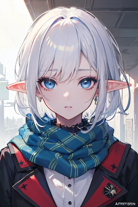 ((Best quality, 8k, Masterpiece :1.3)), highly detailed portrait of a sewer emo punk lady elf student,blue eyes,perfect face,details eye,tartan scarf,white hair,aesthetic, art style by Artgerm, by Kawacy, by wadim kashin