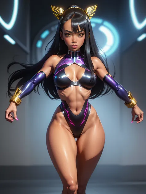 ((full body hyper realistic, full shot, solo, 1girl, masterpiece, Best quality)), (ultra-detailed, detailed: 1.4), 3D cyberpunk nagatoro hayase, long black hair, hairclip hair ornament, (egyptian gyaru bimbo, african bimbo gyaru, thin toned body, long legs...