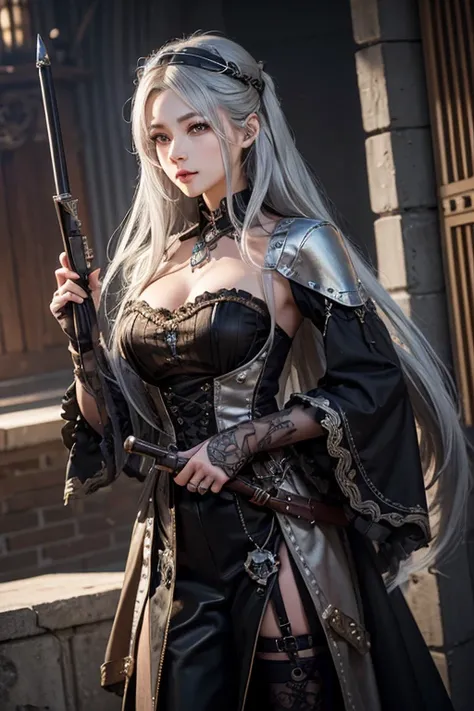 Very beautiful Steampunk lady, long silver hair, steampunk outfit and weapon, hyperrealism, photorealistic, 8k, unreal engine --ar 9:16 --niji 5 --style expressive --s 400