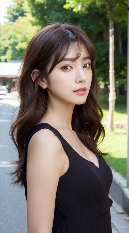 ((top-quality、8k、​masterpiece:1.3))、foco nítido:1.2、Perfect Body Beauty:1.4、((dark brown  hair、Small breasts:1.2))、(natural soft light、street corner:1.1)、Highly detailed facial and skin texture、A detailed eye、二重まぶた、The upper part of the body、The chest is f...