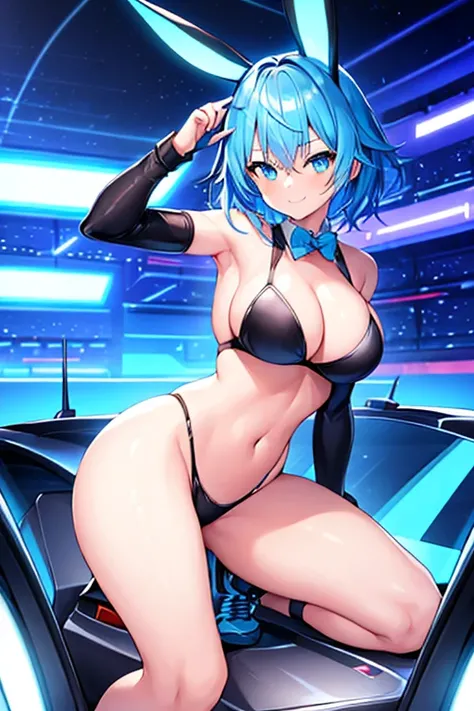 1girl, bunny ears, rabbit ears, sneakers, shoes, futuristic, tech, machinery, science-fiction, bikini, black bikini, blue trim, blue neon trim, neon trim, blue hair, very short hair, blue eyes, smile, light smile, wide hips, breasts, large breasts, car, sp...