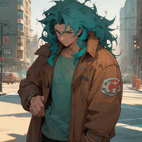 Medium Length Spiky Wavy hair , bracelet , Teal Colored Hair , brown eyes , Brown letterman Jacket , city background , standing infront of street , Messy Hair , 1male ,  Male , Lean Muscular Build