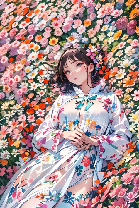 parfect anatomy、one girls、Very delicate and beautiful woman、short-hair、lying in a beautiful flower field、Colorful flowers々、Lying on your back、robe blanche、colorful flower、artistic、top-quality、ultra-detailliert、masuter piece、８ｋ、Captured from above、Professio...