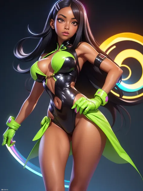 ((full body hyper realistic, full shot, solo, 1girl, masterpiece, Best quality)), (ultra-detailed, detailed: 1.4), 3D cyberpunk nagatoro hayase, long black hair, hairclip hair ornament, (egyptian gyaru bimbo, african bimbo gyaru, thin toned body, long legs...