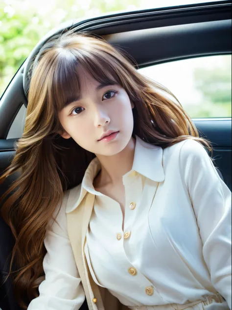 masutepiece, Best Quality, beautiful girl detailed, Illustration, Beautiful detailed eyes, close up, He had chestnut hair, White Pleated Shirt, Cracked buttons on the chest, Skirt. A girl wakes up from sleeping in the car, sunny morning、