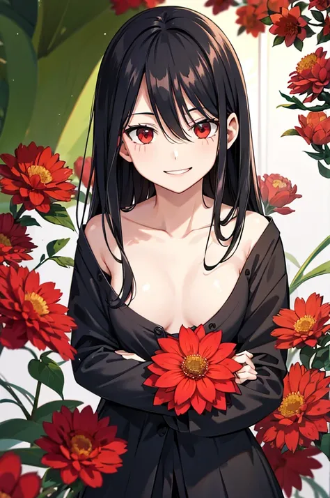 streaked hair,black hair, red eyes,smile,in the flower garden,