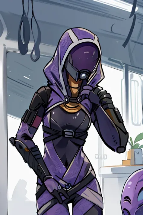 tali, 1girl, solo, hood, purple bodysuit, mask, (helmet, faceless), hood up, alien, inside