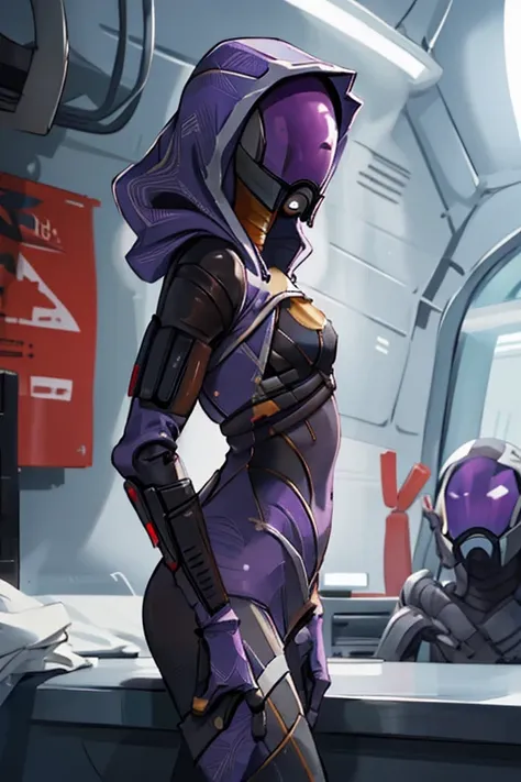 tali, 1girl, solo, hood, purple bodysuit, mask, (helmet, faceless), hood up, alien, inside