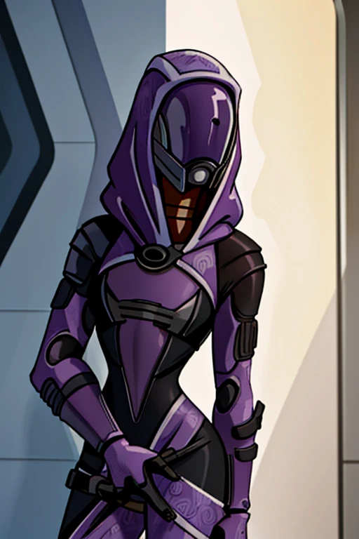 tali, 1girl, solo, hood, purple bodysuit, mask, (helmet, faceless), hood up, alien, inside