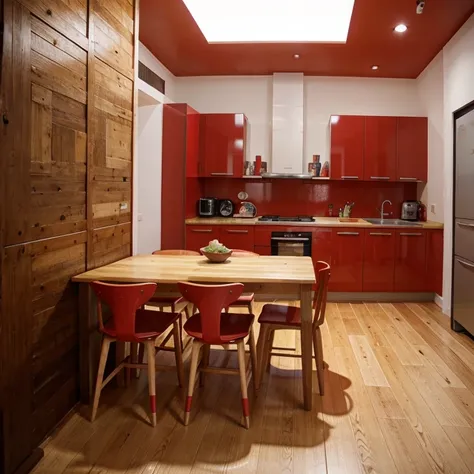 cocina con piso de madera y melamine de color rojo escarlata