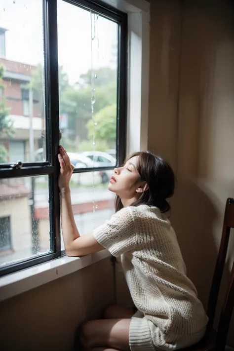 A person leans back on a chair near the window，It was raining outside the window