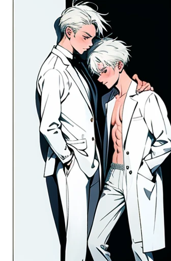 Handsome man, completely naked, standing on his knees, leaning on another man, white hair, showing his whole body, blushing