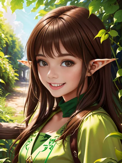 ((best quality))) (((HD))) (((8k))) (character) 20-year-old girl, ((adventurous)) elf, ((beautiful)) and ((happy)), ((brown hair)) and ((long hair)).