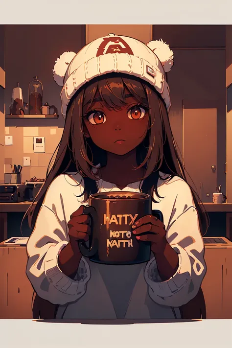 Dark skin pretty young woman in an oversized fuzzy fitted shirt, shy, ((holding a mug with the letters c-a-t-t-y” written on it)), insanely detailed, 4K, 2D illustration, red hat, clearly detailed eyes,  luminous brown eyes, muted pastels and vibrant brown...