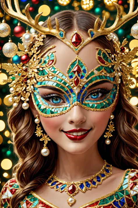 (Mosaic Christmas mask),one-girl,sparkling and delicate eyes,beautiful detailed lips,merit,extremely detailed eye,Cute antlers headdress ,A festive smile, pearls necklace,Golden mosaic pattern on mask, Exquisite craftsmanship, Complex design, vibrant paint...